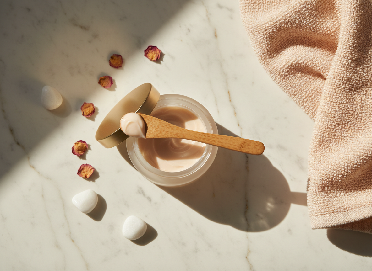 Hair mask jar with wooden spatula on cream marble surface beside a soft towel, warm feminine beauty flat lay, natural light