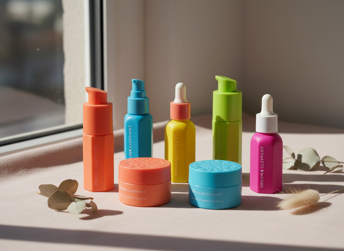 Drunk Elephant style skincare starter kit products arranged on soft blush beige surface, colorful minimalist bottles, natural window light, editorial beauty photography