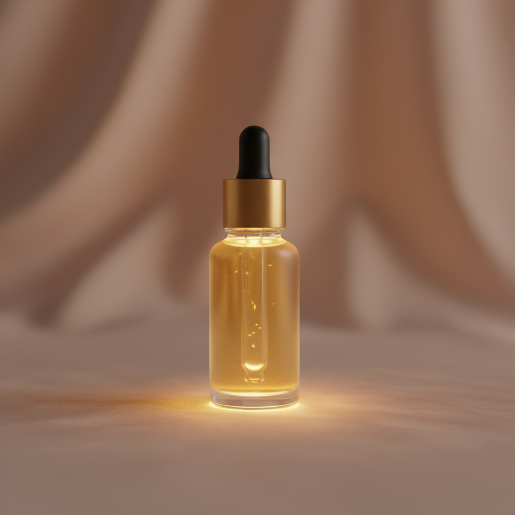 Single glowing facial serum dropper bottle on soft blush beige background, minimalist product photography, warm light, elegant