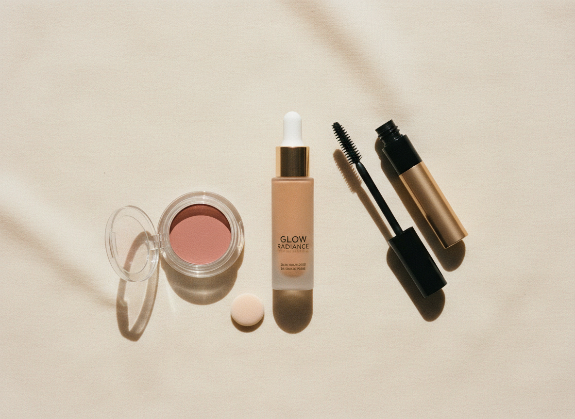 Minimal makeup essentials flat lay on warm cream background, tinted moisturizer, cream blush, mascara, soft neutral tones, editorial magazine style