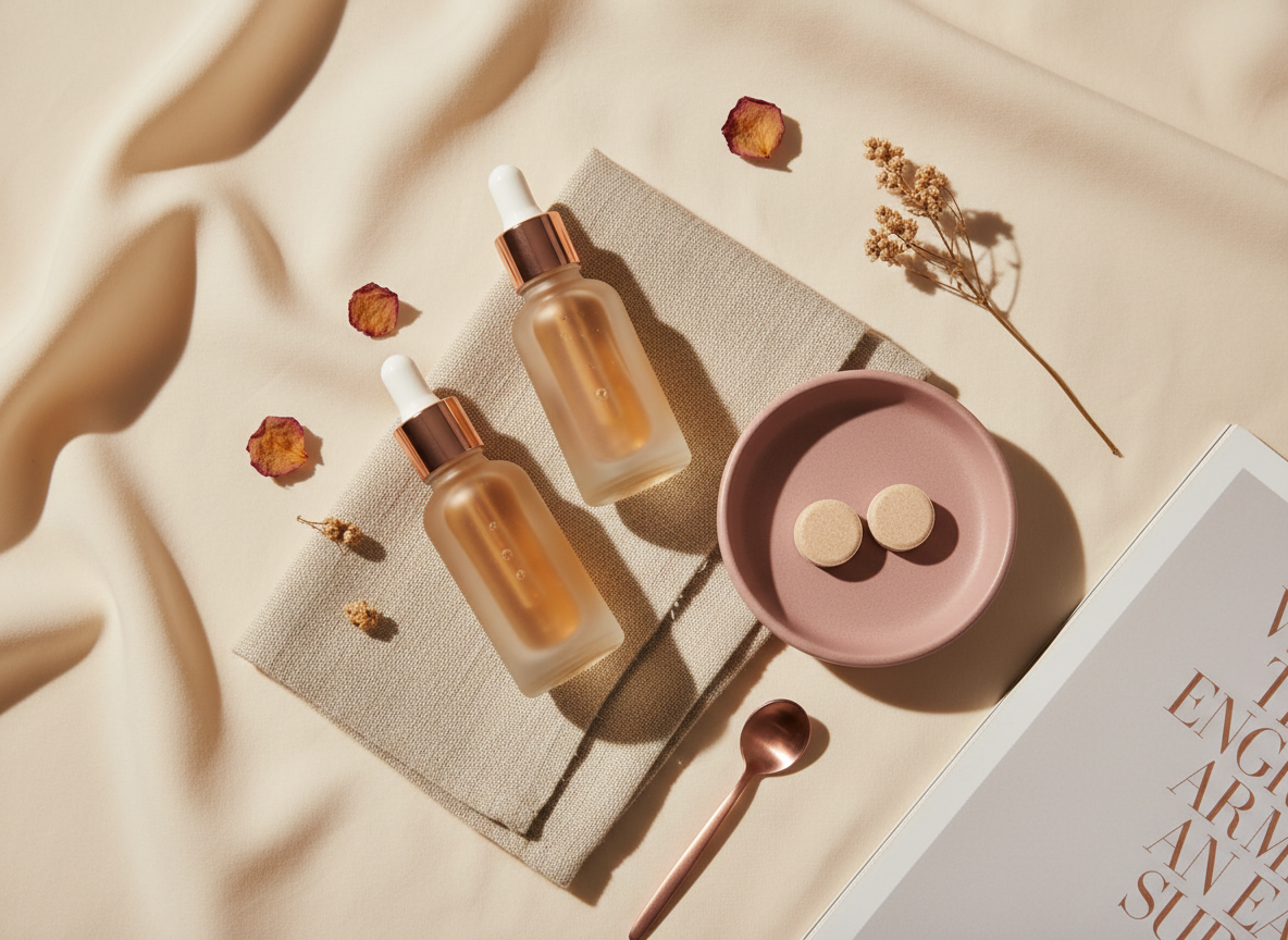 Editorial beauty flat lay of a minimal skincare routine on warm cream background, soft natural light, dusty rose and beige tones, elegant glass dropper bottles and ceramic dish, feminine magazine aesthetic, airy and polished