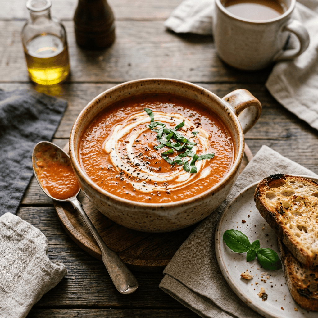 Bowl of creamy tomato soup with basil, spices, and toasted bread